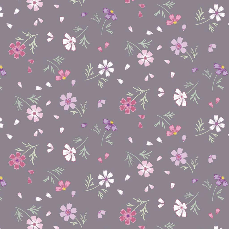 Flowers printed on a grey cotton quilting fabric by Lewis & Irene