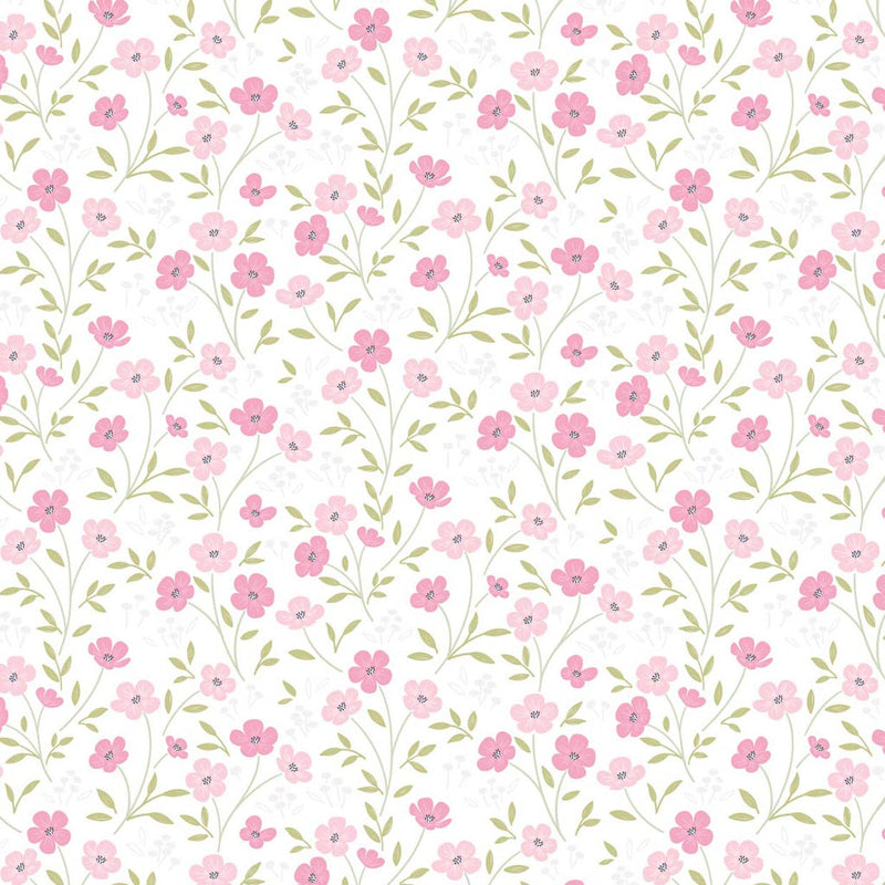 Blossoms printed on a white cotton quilting fabric by Lewis & Irene