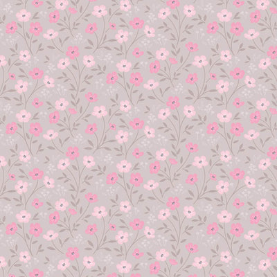 Blossoms printed on a taupe cotton quilting fabric by Lewis & Irene