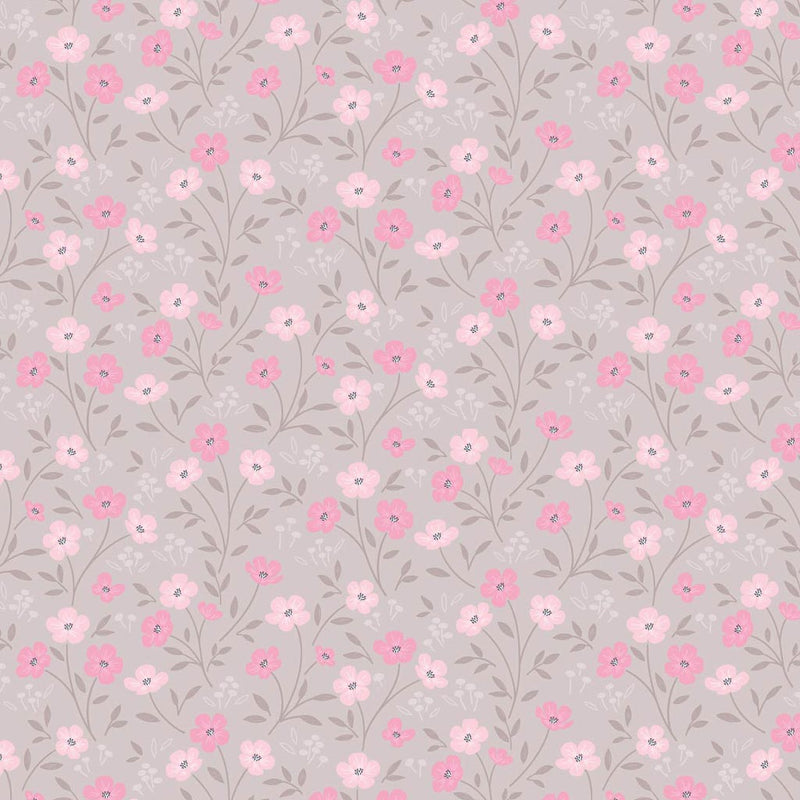 Blossoms printed on a taupe cotton quilting fabric by Lewis & Irene