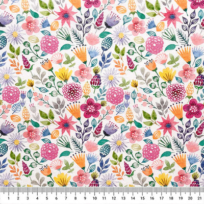 Tropical pink flowers printed on a panama craft fabric with a cm ruler