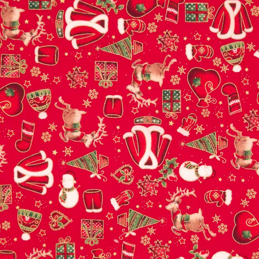 Santa suits and reindeer printed on a red christmas cotton fabric