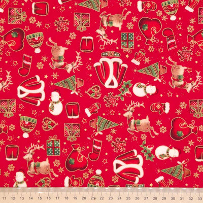 Santa suits and reindeer printed on a red christmas cotton fabric with a cm ruler