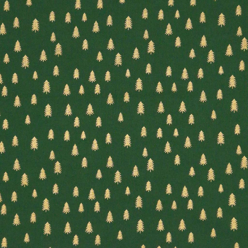 Gold trees with a metallic effect are printed on a quality, green, 100% cotton fabric