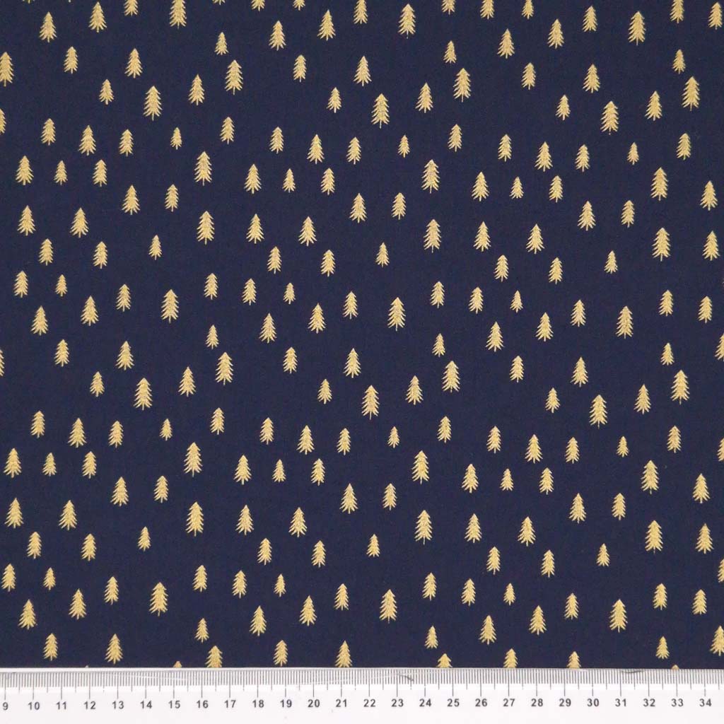 Gold trees with a metallic effect are printed on a quality, navy, 100% cotton fabric with a cm ruler