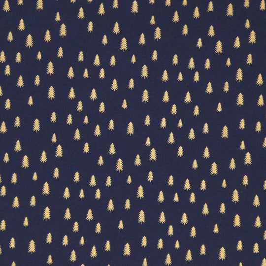 Gold trees with a metallic effect are printed on a quality, navy, 100% cotton fabric