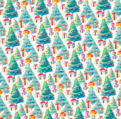 Christmas trees printed on a white cotton fabric by Little Johnny