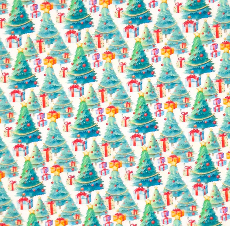 Christmas trees printed on a white cotton fabric by Little Johnny