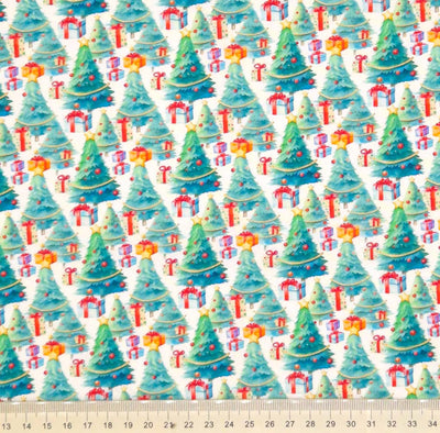 Christmas trees printed on a white cotton fabric by Little Johnny with a cm ruler