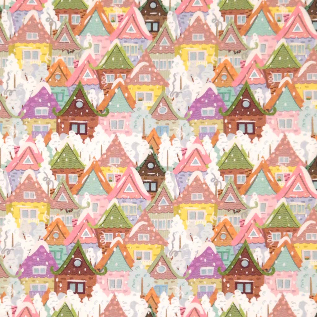 Festive cottages printed on a cotton jersey fabric