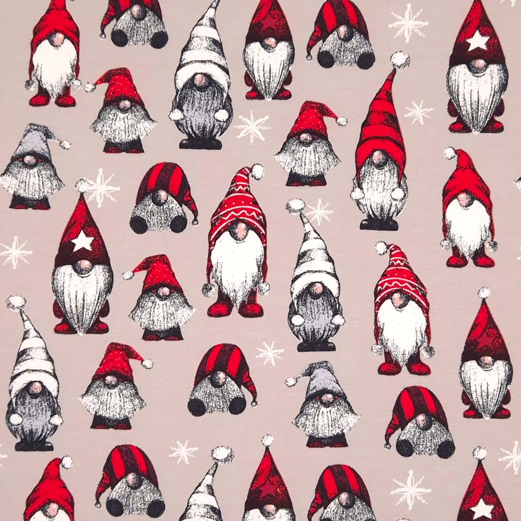 Christmas gonks printed on a beige french terry fabric