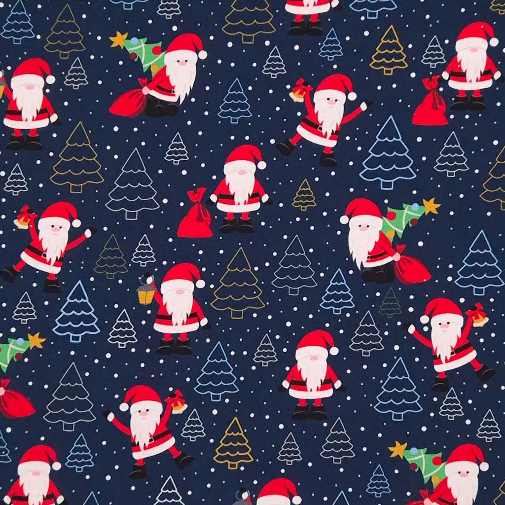 Santa printed on a navy cotton jersey fabric