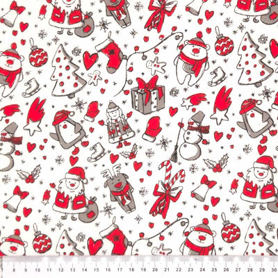 Festive friends printed on a white polycotton christmas fabric with a cm ruler