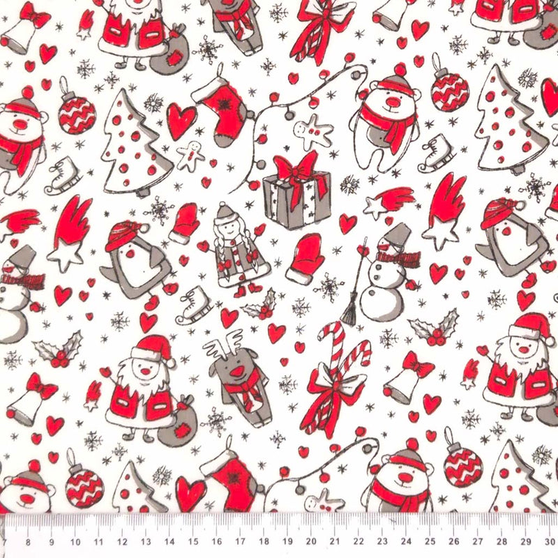 Festive friends printed on a white polycotton christmas fabric with a cm ruler