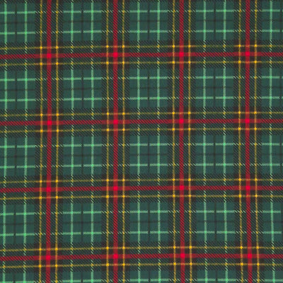 A festive bottle green and red tartan printed on a polycotton fabric