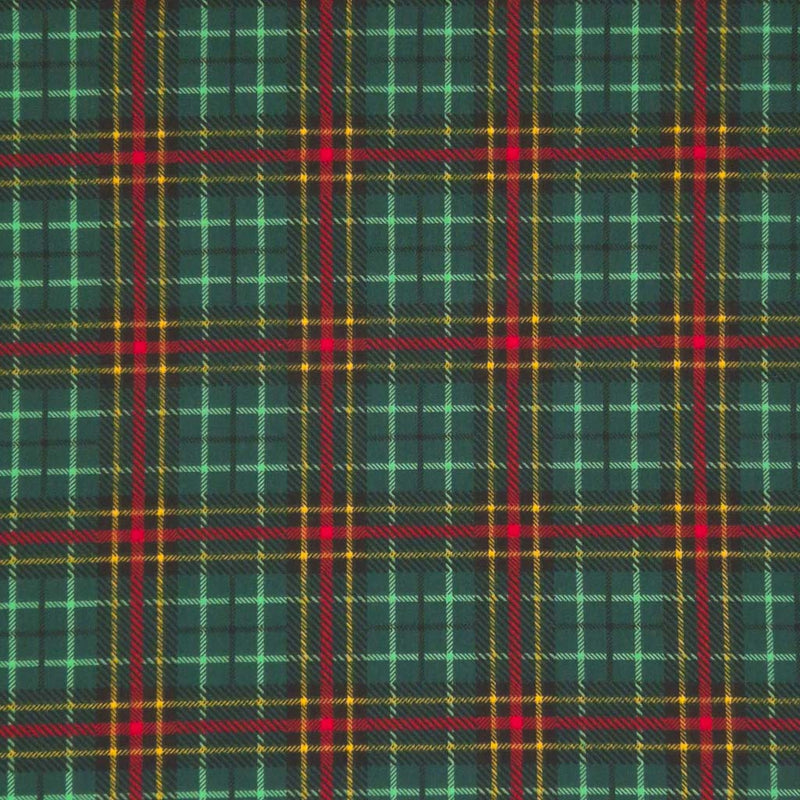 A festive bottle green and red tartan printed on a polycotton fabric