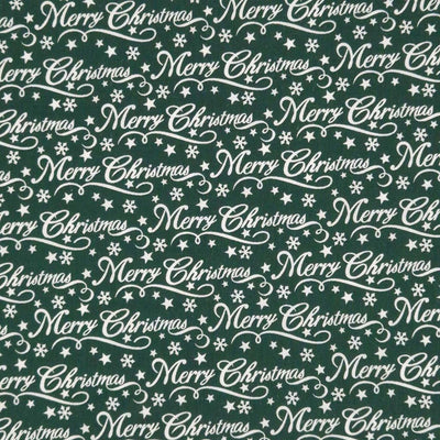 Merry christmas message printed on a bottle green polycotton fabric