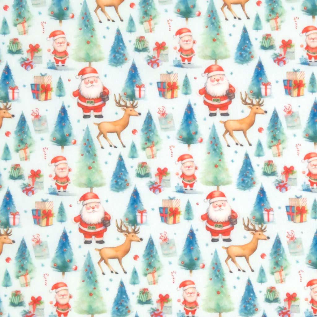 Santa and reindeer are printed on a blue christmas polycotton fabric