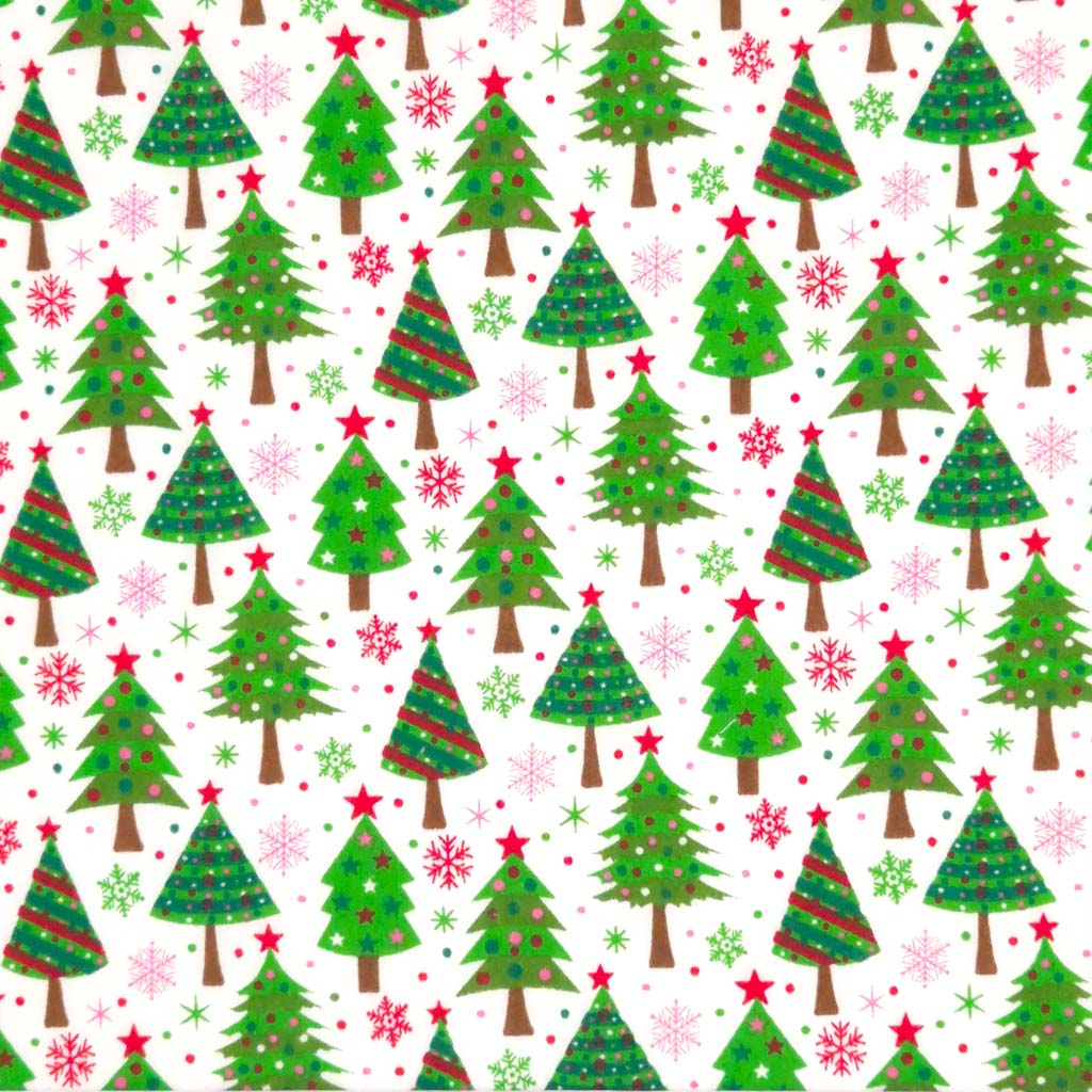 Christmas Trees & Snowflakes on White - Polycotton – Fabric Love