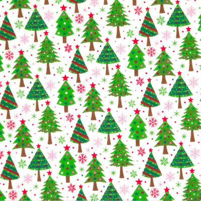 Colourful christmas trees printed on a white polycotton fabric