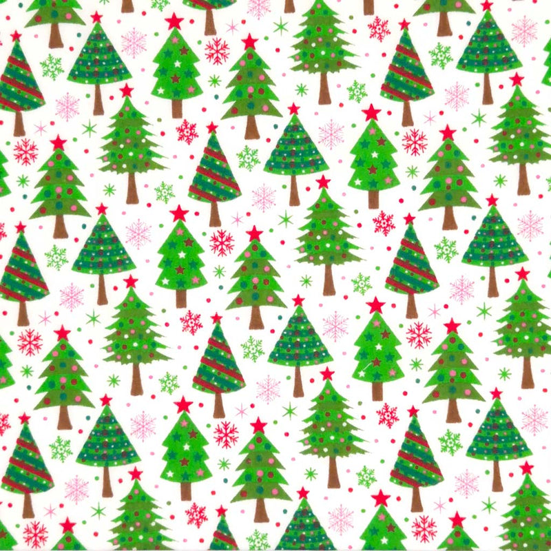 Colourful christmas trees printed on a white polycotton fabric