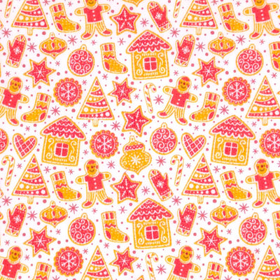 Gingerbread people and houses printed on a white polycotton fabric