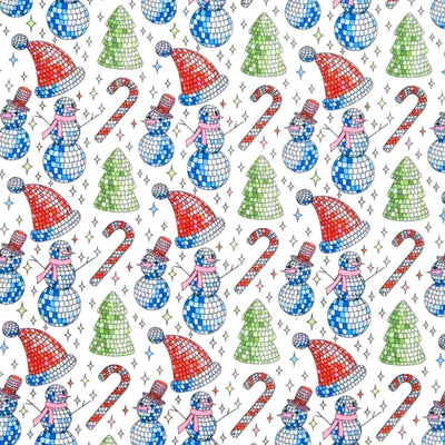 Pattern of disco ball snowmen, candy canes, and trees on a white polycotton fabric