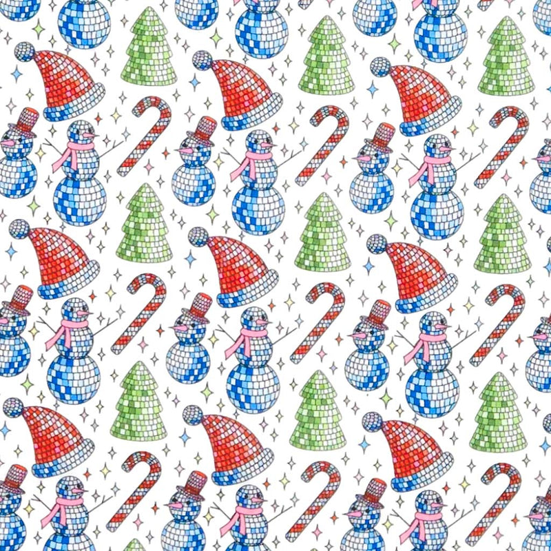 Pattern of disco ball snowmen, candy canes, and trees on a white polycotton fabric