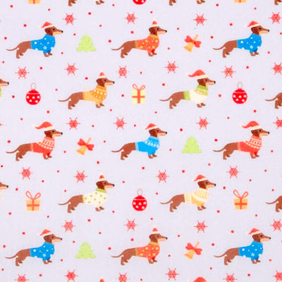 Pattern of small dogs in colorful outfits with Christmas elements on a grey fabric