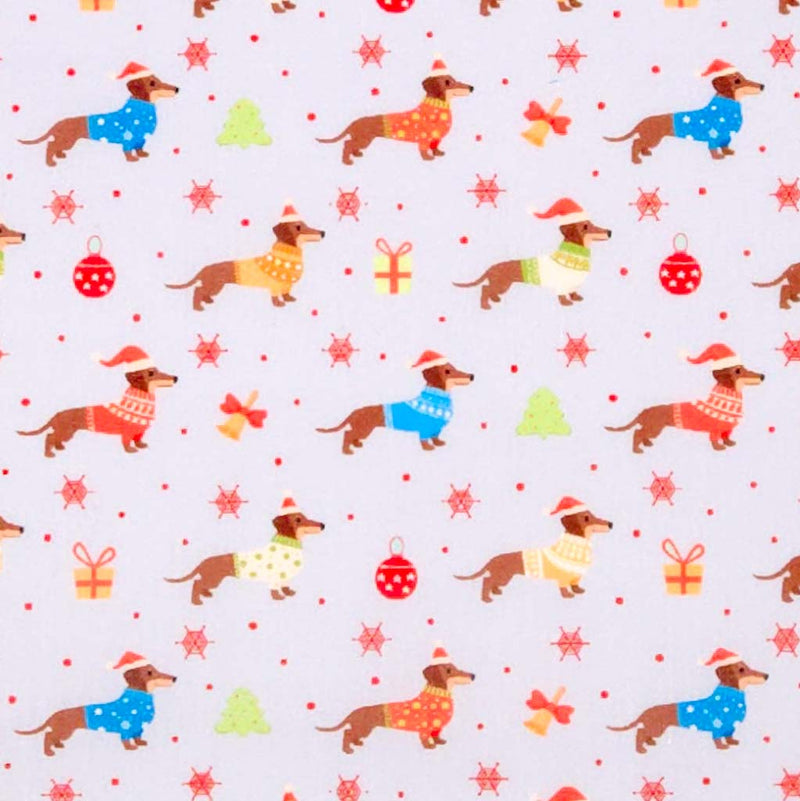 Pattern of small dogs in colorful outfits with Christmas elements on a grey fabric