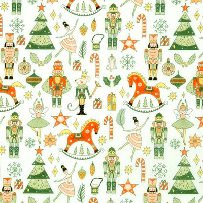 Pattern of Christmas-themed illustrations including nutcrackers, trees, and candy canes on a white polycotton fabric.