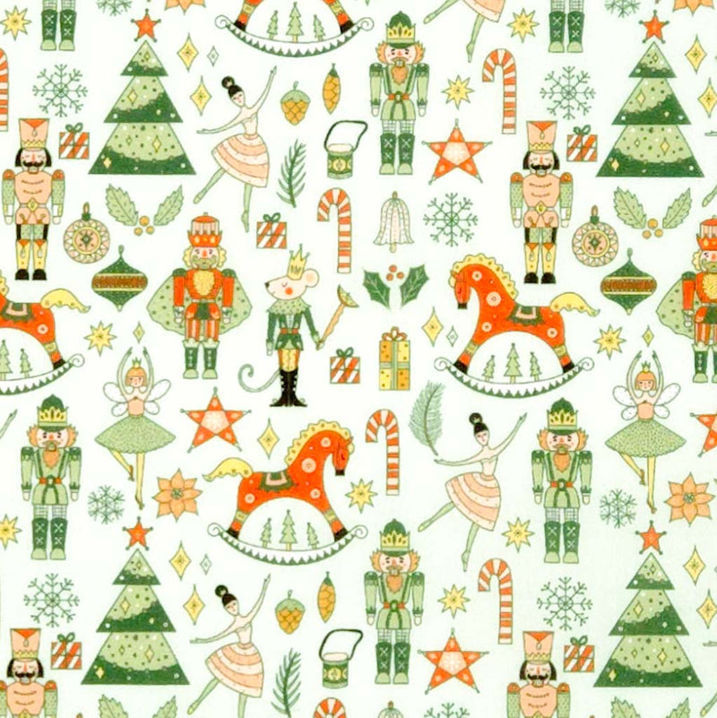Pattern of Christmas-themed illustrations including nutcrackers, trees, and candy canes on a white polycotton fabric.