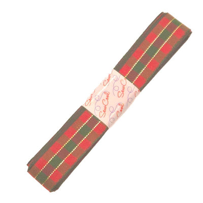 Tartan ribbon with a visible brand label on a white background