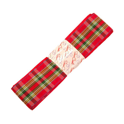 Red plaid fabric ribbon with a white label on a white background