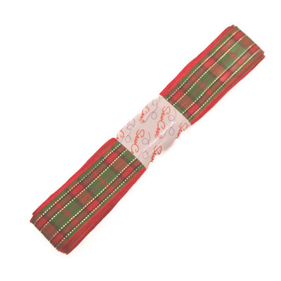 Red and green tartan fabric ribbon with a label on a white background