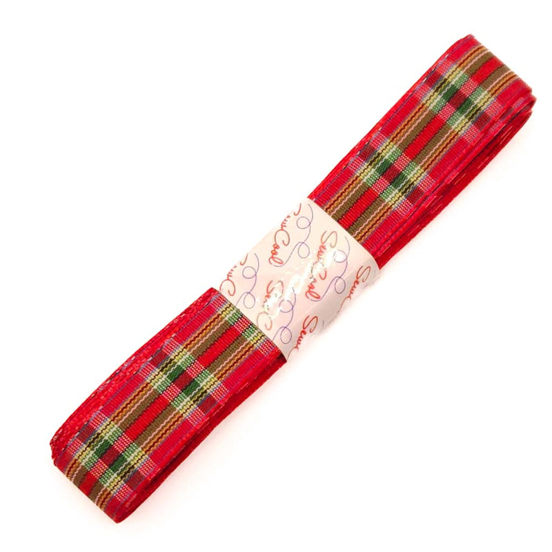 Red plaid ribbon with a white label on a white background