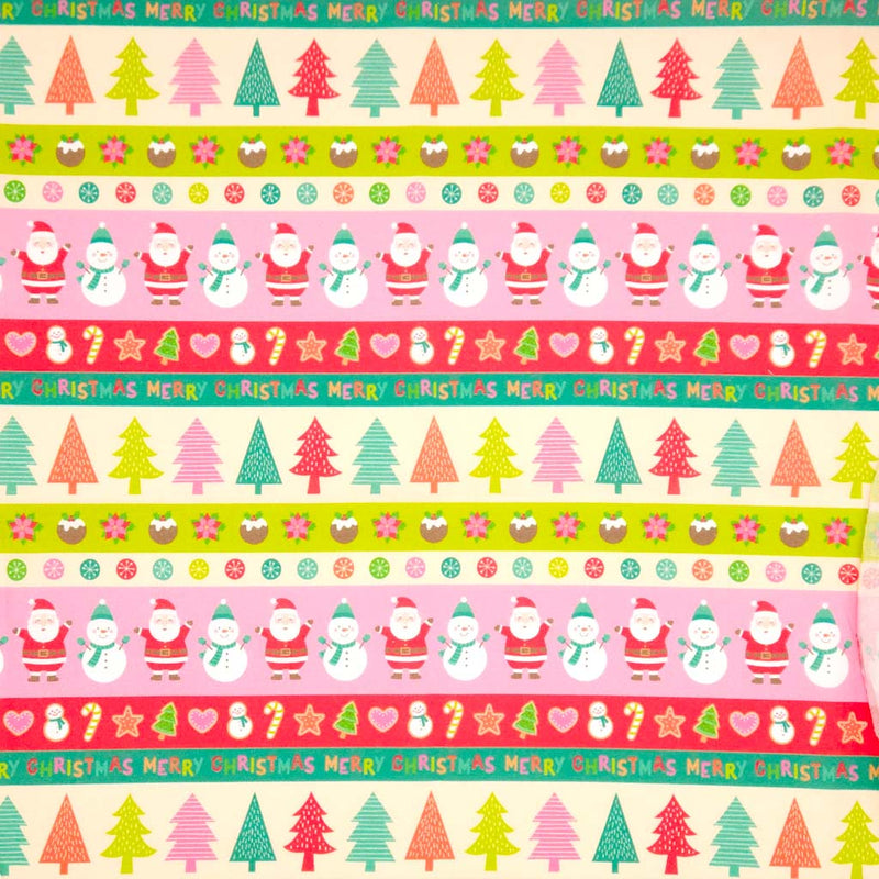 Colourful Christmas-themed border with trees, Santa Claus, and snowmen on a pink cotton fabric.