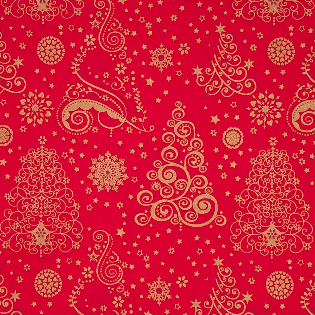 Large gold christmas trees printed on a red cotton fabric