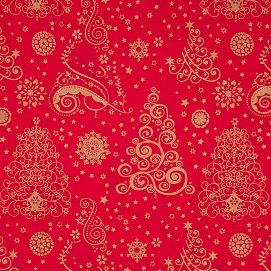 Large gold christmas trees printed on a red cotton fabric