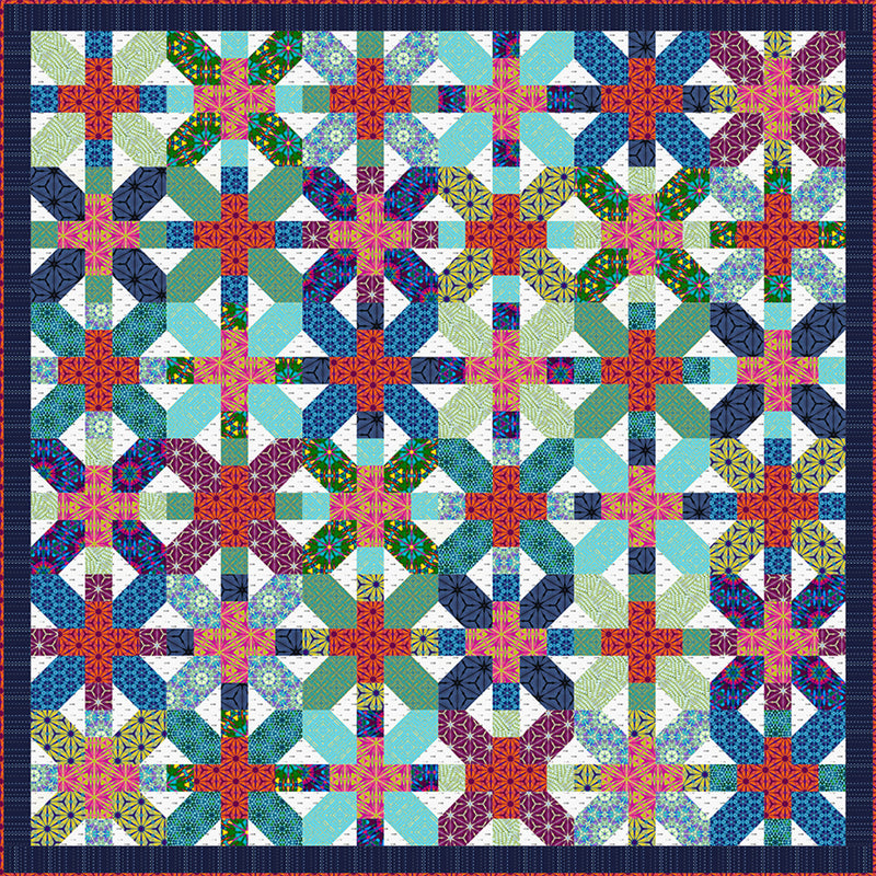 Colourful quilt with geometric pattern on a blue background
