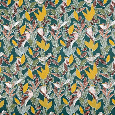 A floral design of birds and vines and birds in deep shades of yellow and burgundy with complimentary black and white details, on a forest green background