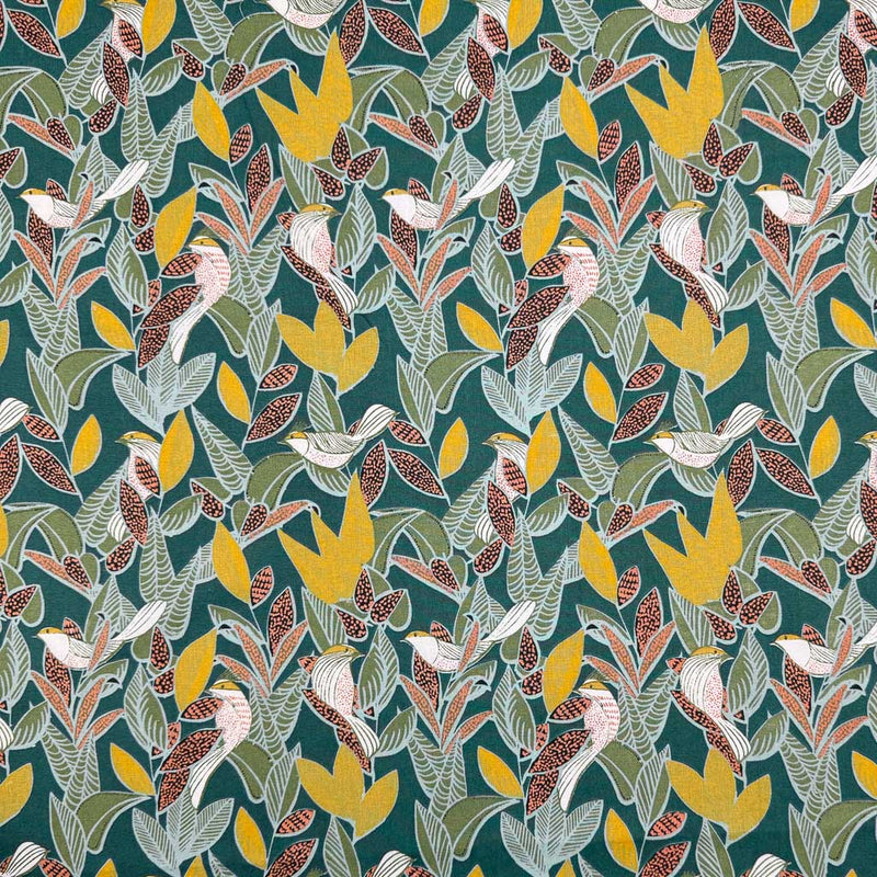 A floral design of birds and vines and birds in deep shades of yellow and burgundy with complimentary black and white details, on a forest green background
