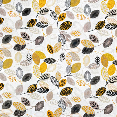 Detailed floral print of leaves in neutral shades of grey, black and yellow; printed on a white 100% cotton fabric