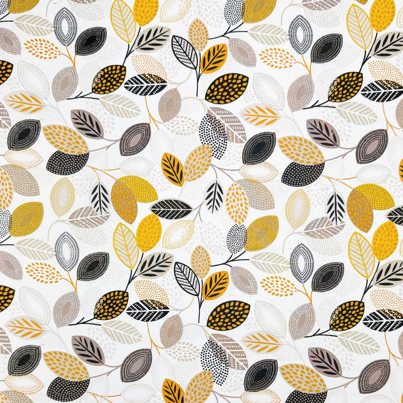 Detailed floral print of leaves in neutral shades of grey, black and yellow; printed on a white 100% cotton fabric