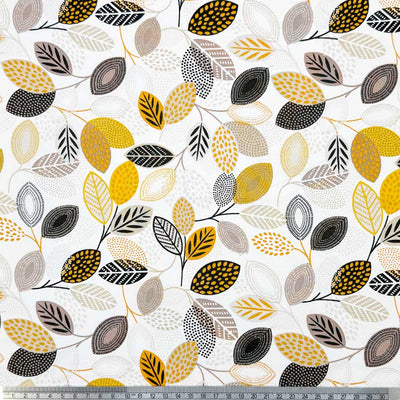 Detailed floral print of leaves in neutral shades of grey, black and yellow; printed on a white 100% cotton fabric with a cm ruler