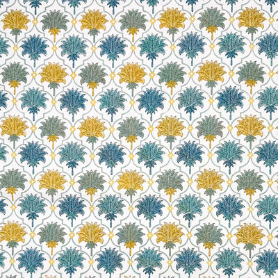 Mosaic style print featuring feather fans in shades of blue, grey and yellow, printed on a contrasting white 100% cotton fabric