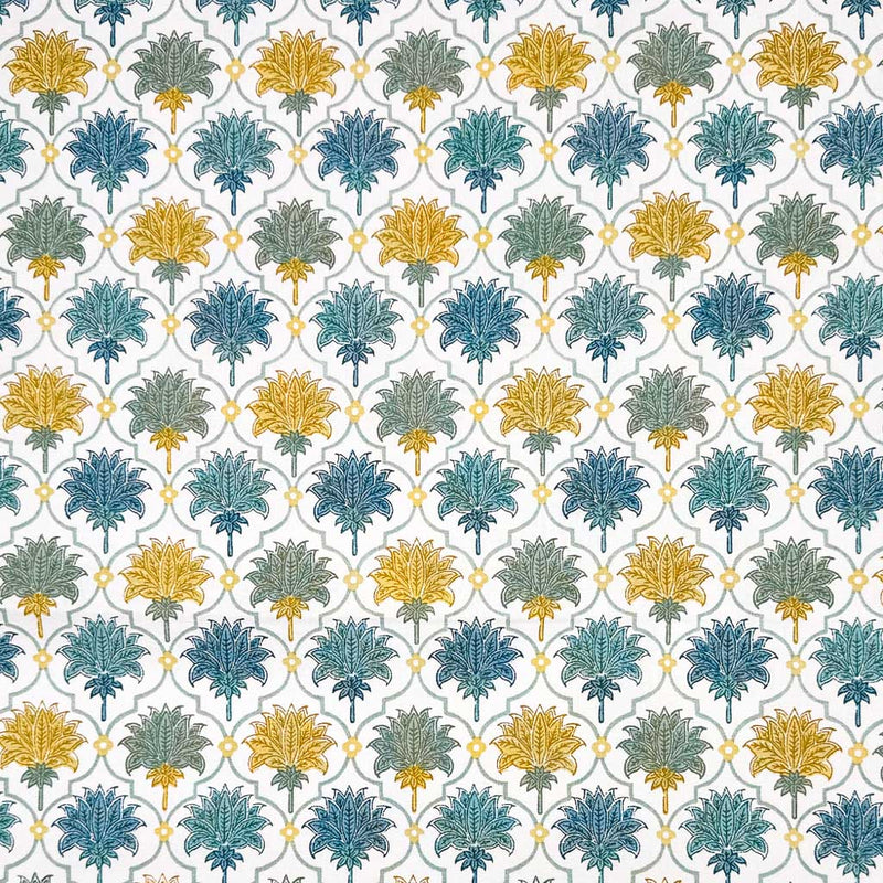 Mosaic style print featuring feather fans in shades of blue, grey and yellow, printed on a contrasting white 100% cotton fabric