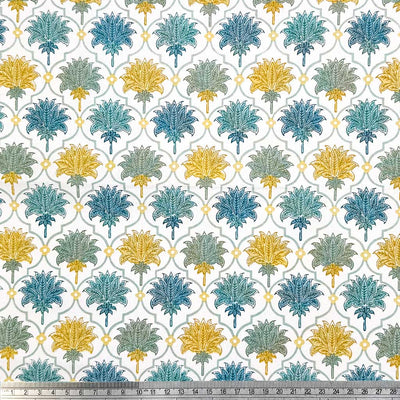 Mosaic style print featuring feather fans in shades of blue, grey and yellow, printed on a contrasting white 100% cotton fabric with a cm ruler