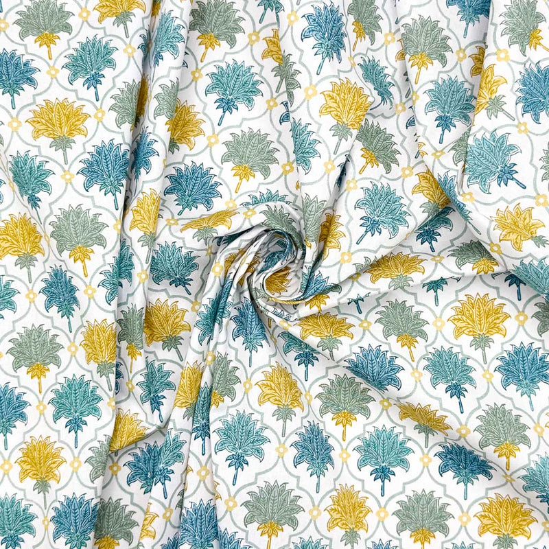 Mosaic style print featuring feather fans in shades of blue, grey and yellow, printed on a contrasting white 100% cotton fabric