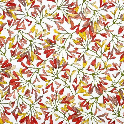 Mini leaves in autumnal shades of red, pink and yellow, printed on an 100% cotton fabric